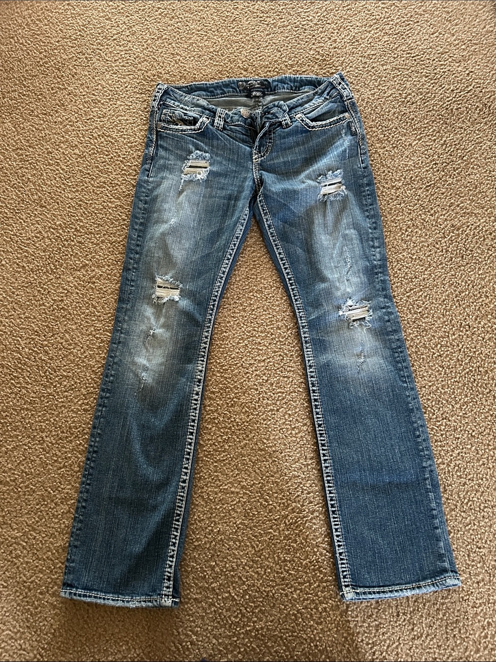 Silver Jeans Women's Distressed Medium Blue Flare Jeans